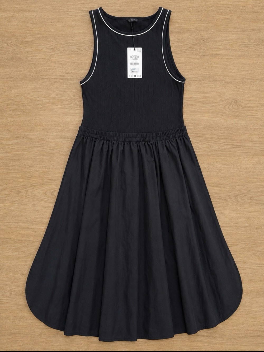 Zara Black Sleeveless A-Line Dress with White Trim